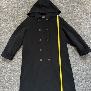 Classic Stylish Black Detachable hood Long Trench Coat Size 6P Oversized